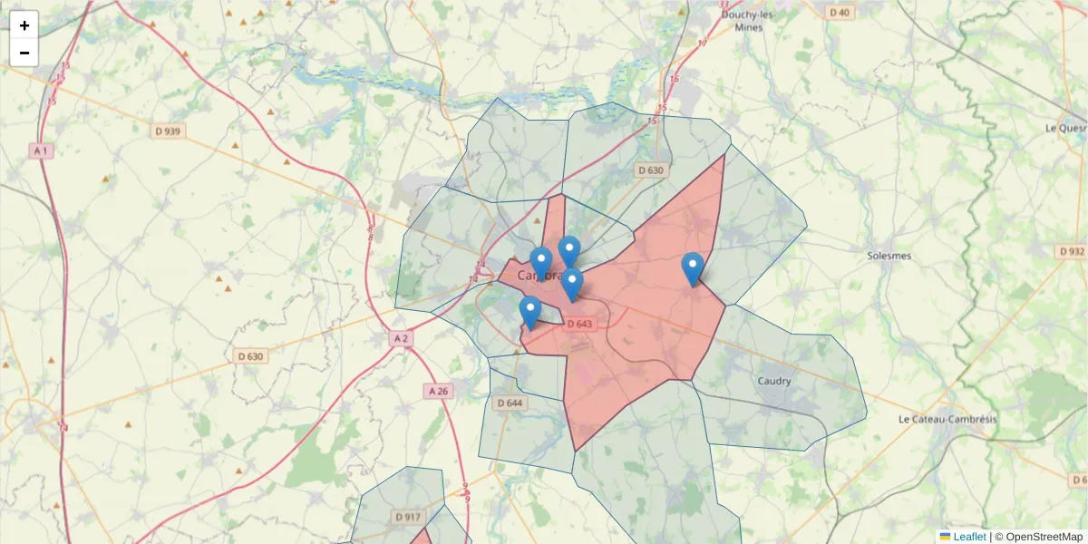 Carte de la zone du code postal  et des codes postaux voisins en France