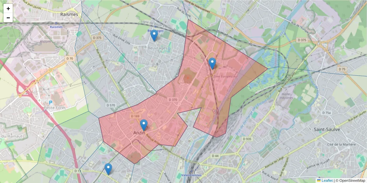 Carte de la zone du code postal  et des codes postaux voisins en France
