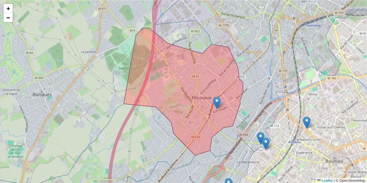 Carte de la zone du code postal  et des codes postaux voisins en France