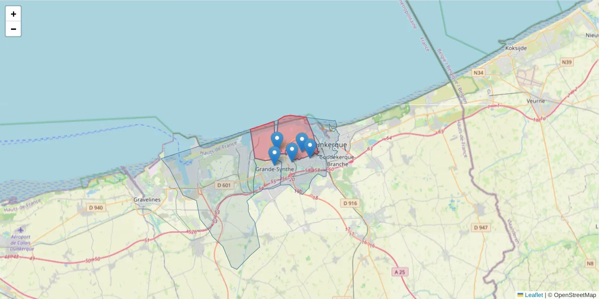 Carte de la zone du code postal  et des codes postaux voisins en France