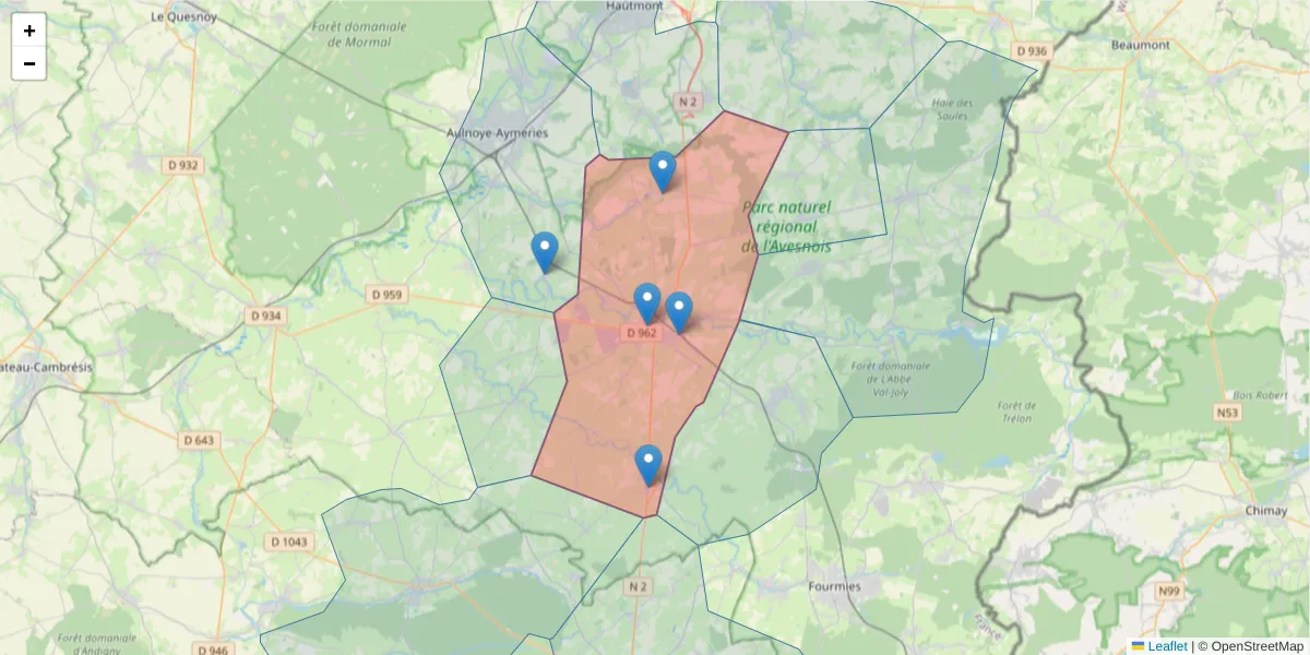 Carte de la zone du code postal  et des codes postaux voisins en France
