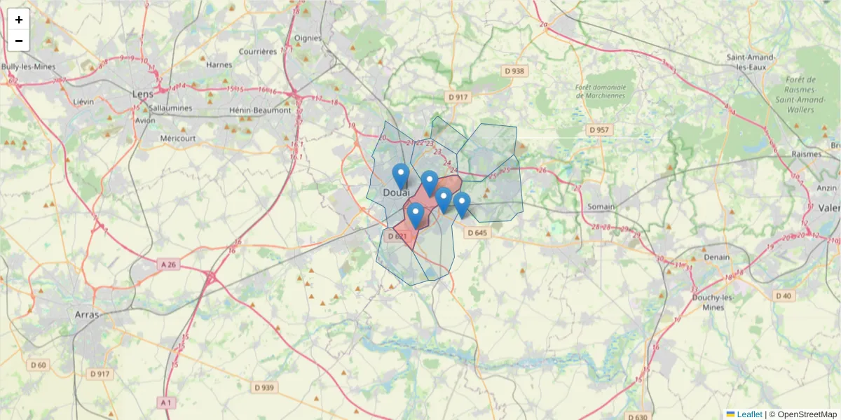 Carte de la zone du code postal  et des codes postaux voisins en France