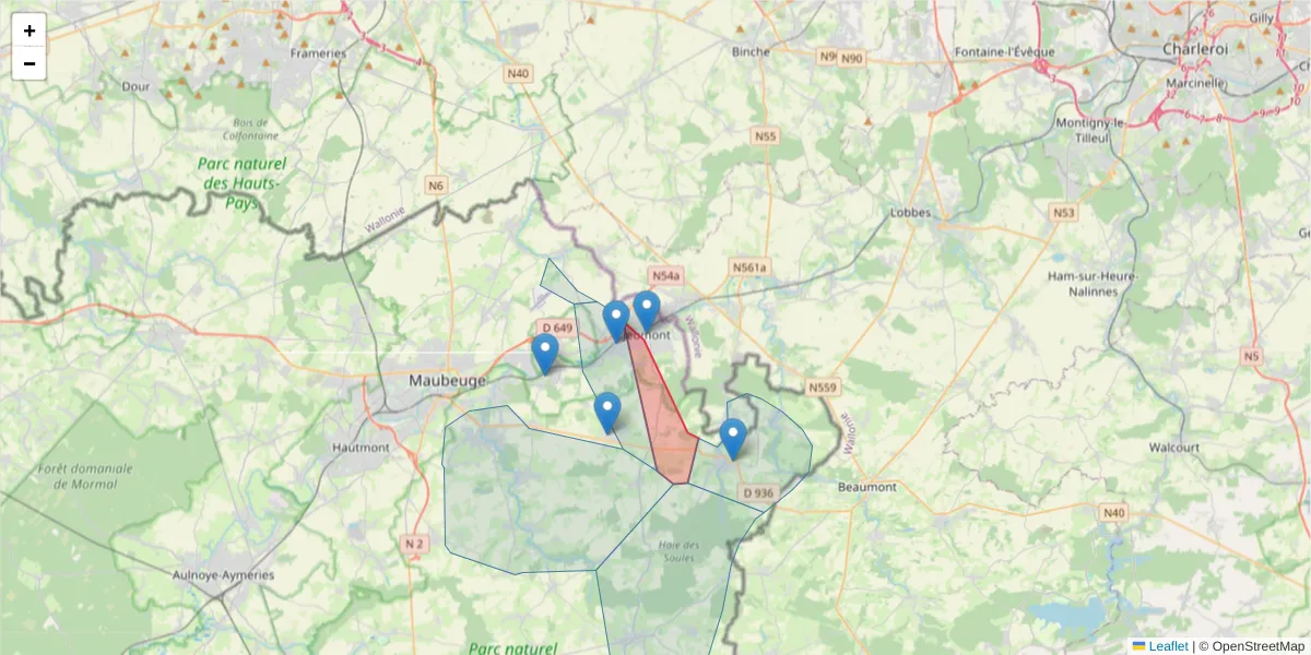 Carte de la zone du code postal  et des codes postaux voisins en France