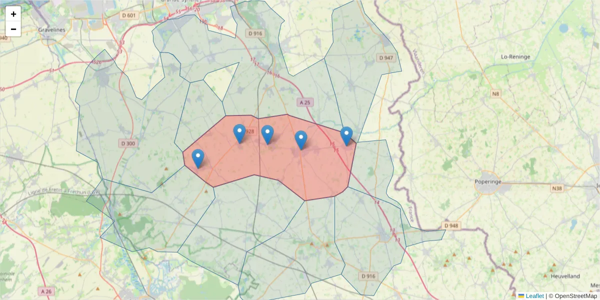Carte de la zone du code postal  et des codes postaux voisins en France