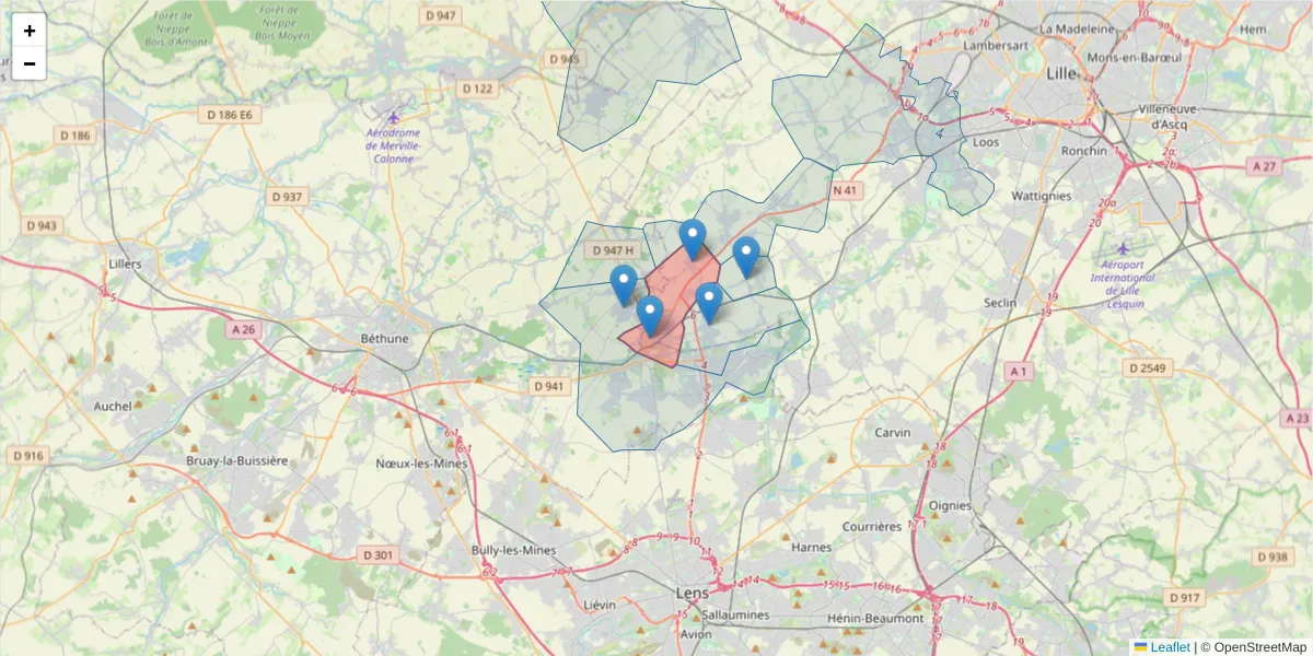 Carte de la zone du code postal  et des codes postaux voisins en France