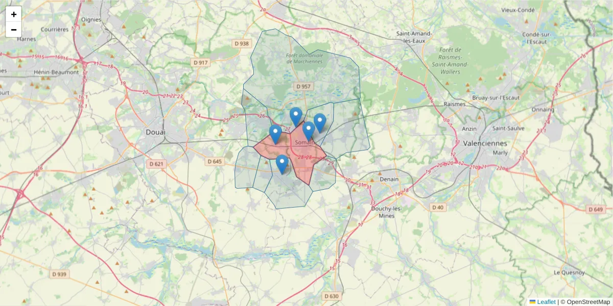 Carte de la zone du code postal  et des codes postaux voisins en France