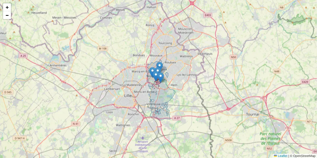 Carte de la zone du code postal  et des codes postaux voisins en France
