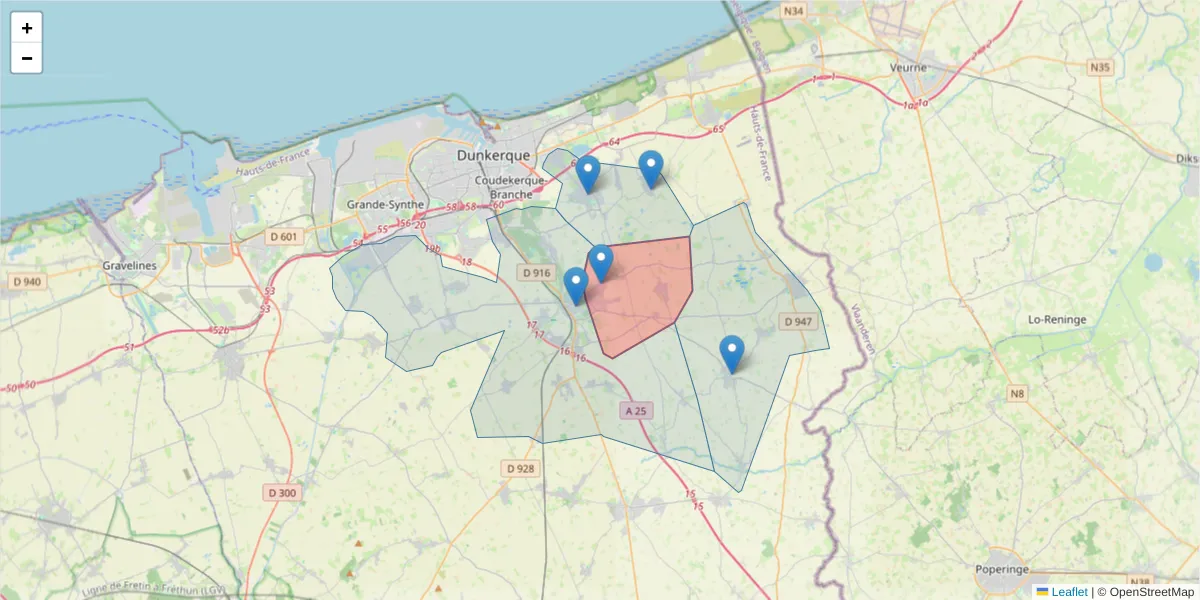 Carte de la zone du code postal  et des codes postaux voisins en France