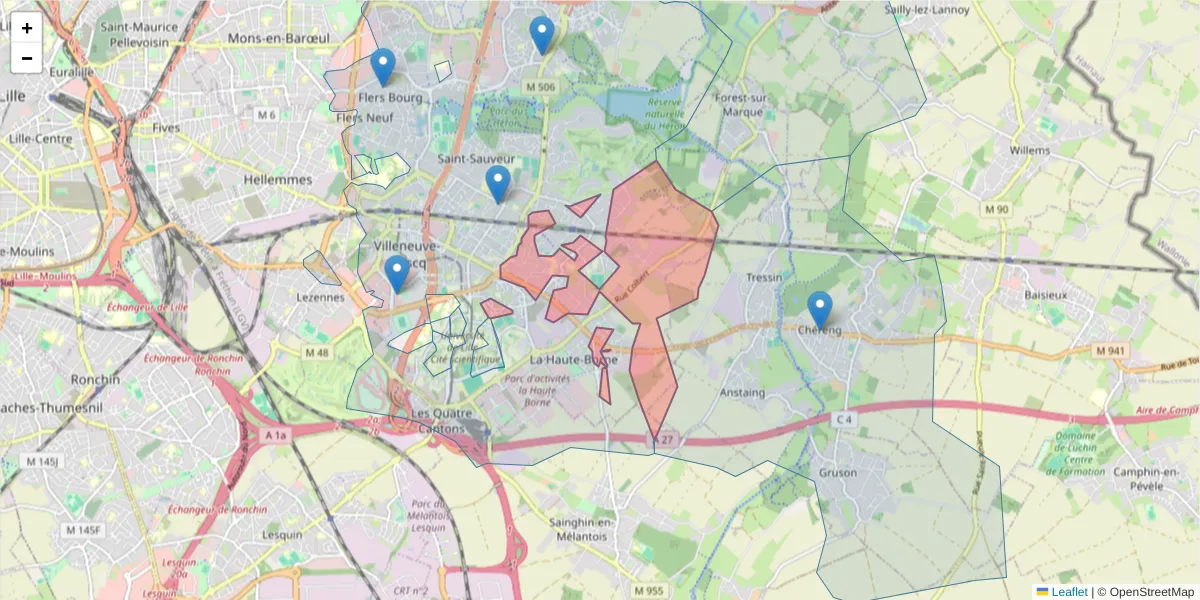 Carte de la zone du code postal  et des codes postaux voisins en France