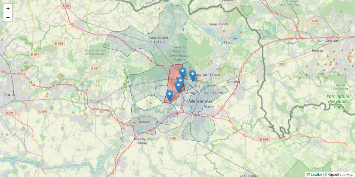 Carte de la zone du code postal  et des codes postaux voisins en France