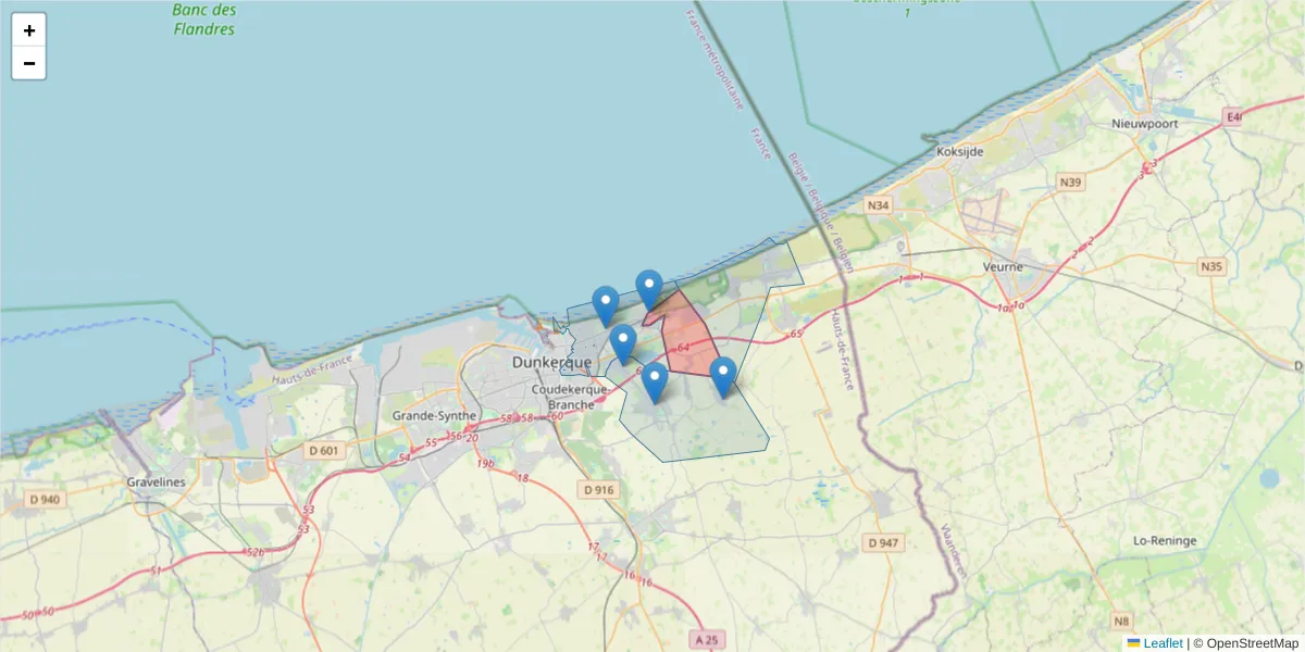 Carte de la zone du code postal  et des codes postaux voisins en France