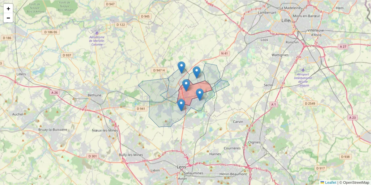 Carte de la zone du code postal  et des codes postaux voisins en France