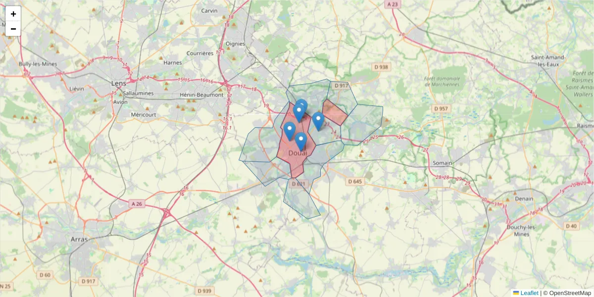 Carte de la zone du code postal  et des codes postaux voisins en France