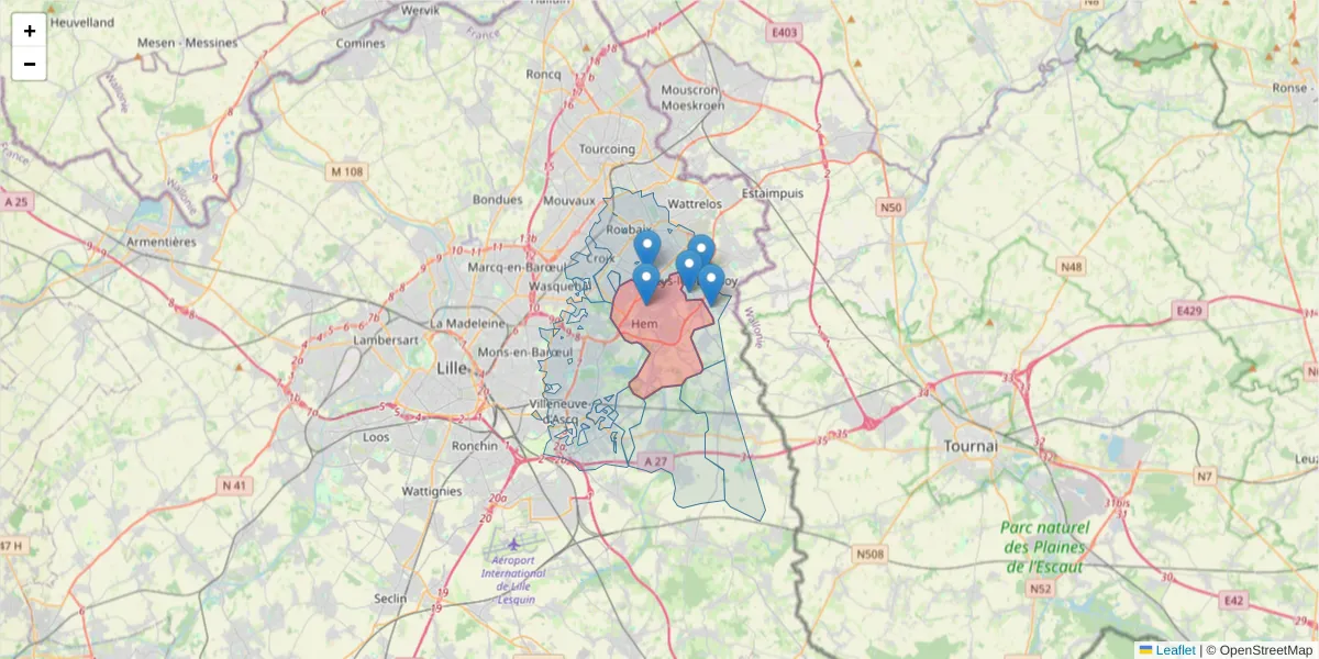 Carte de la zone du code postal  et des codes postaux voisins en France