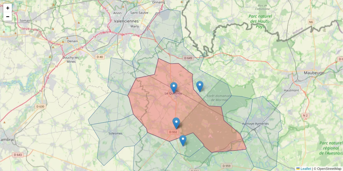 Carte de la zone du code postal  et des codes postaux voisins en France