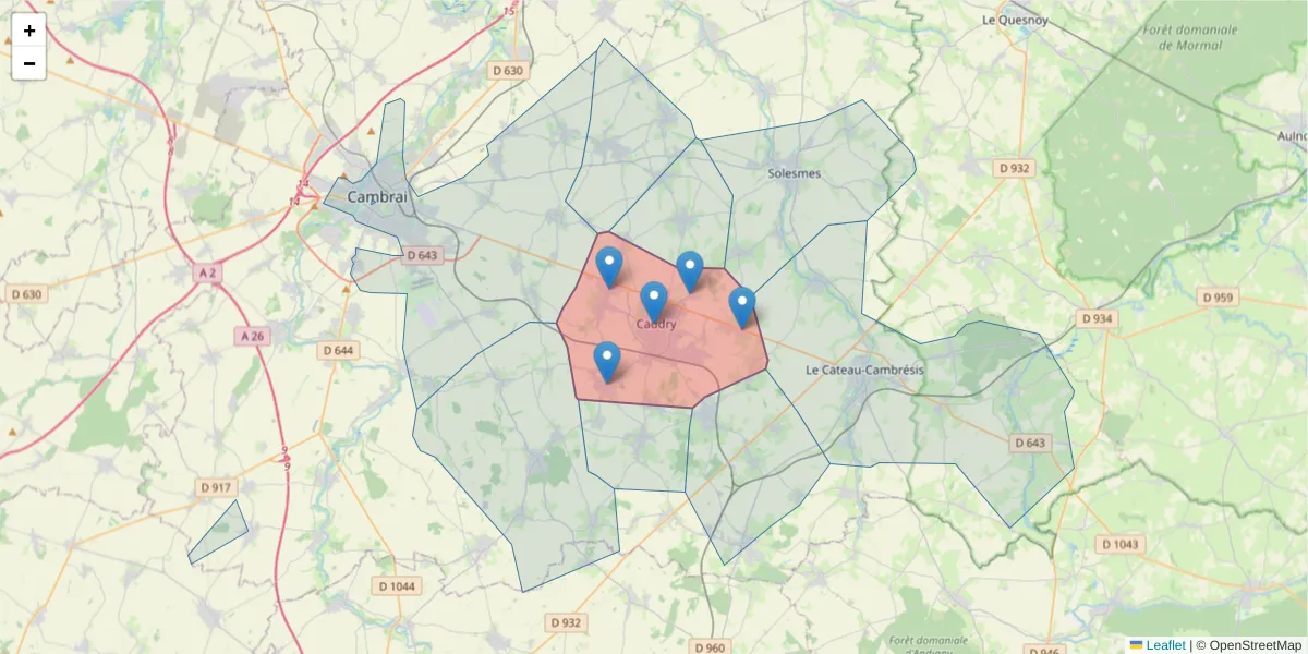 Carte de la zone du code postal  et des codes postaux voisins en France