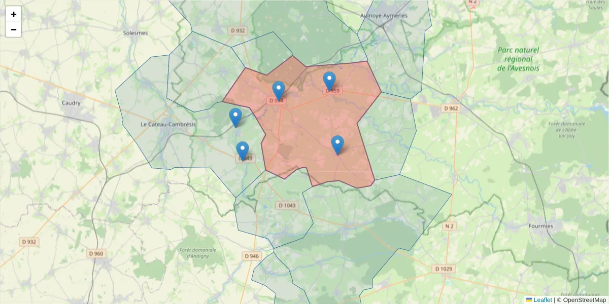 Carte de la zone du code postal  et des codes postaux voisins en France