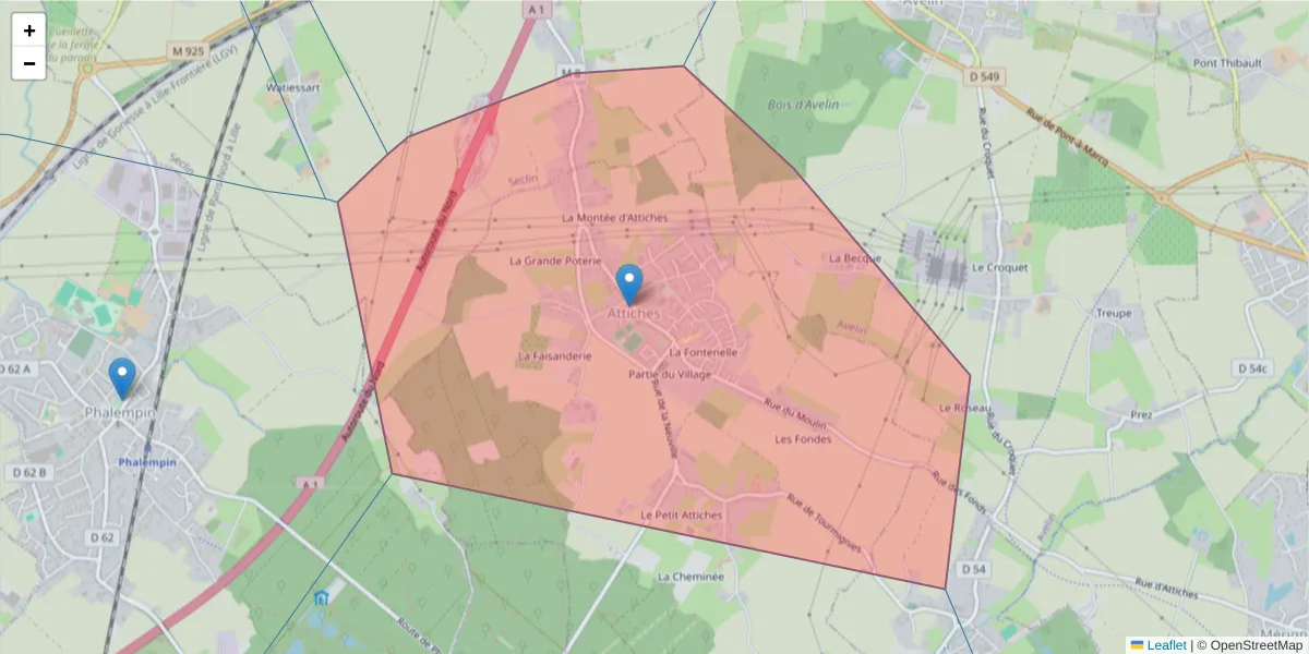 Carte de la zone du code postal  et des codes postaux voisins en France