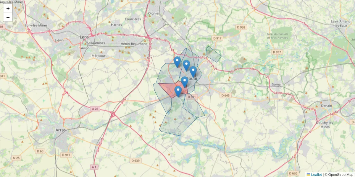 Carte de la zone du code postal  et des codes postaux voisins en France