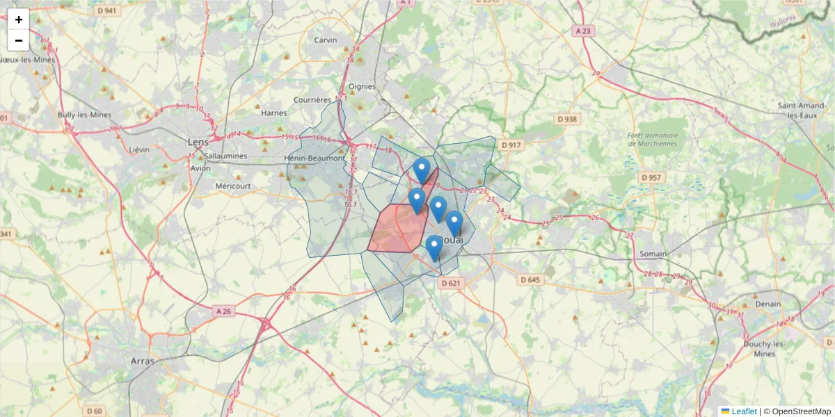 Carte de la zone du code postal  et des codes postaux voisins en France
