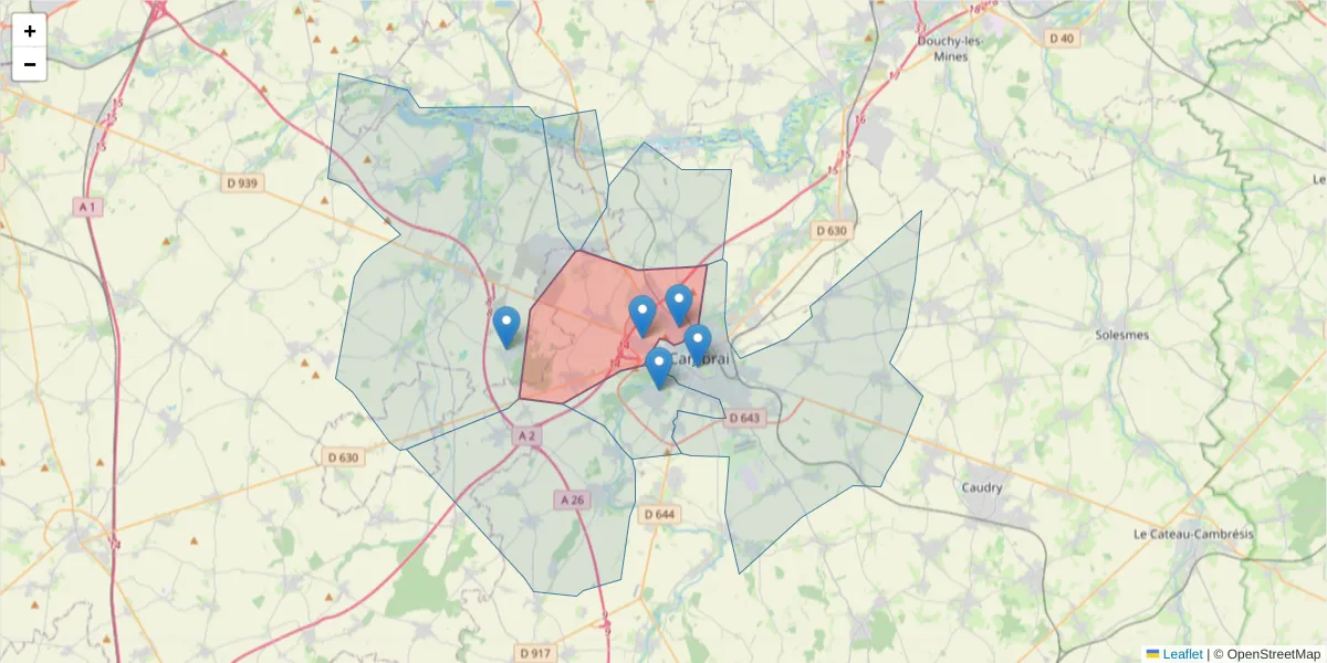 Carte de la zone du code postal  et des codes postaux voisins en France