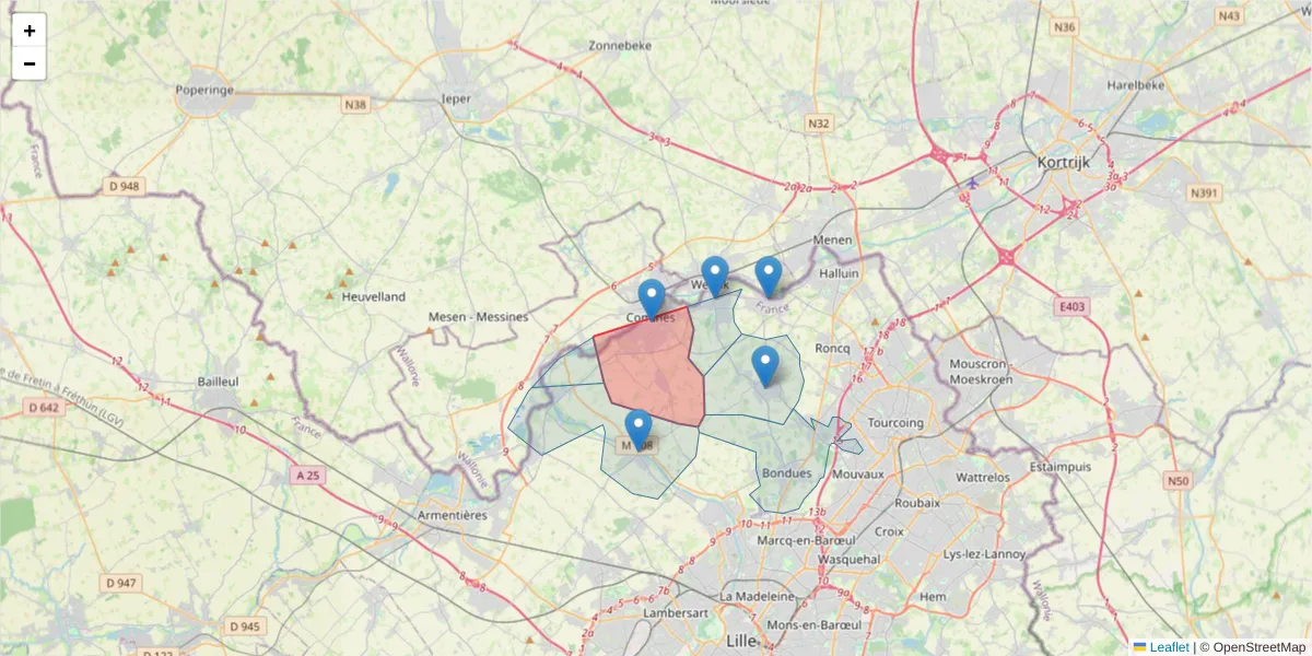 Carte de la zone du code postal  et des codes postaux voisins en France