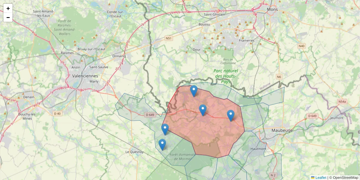 Carte de la zone du code postal  et des codes postaux voisins en France