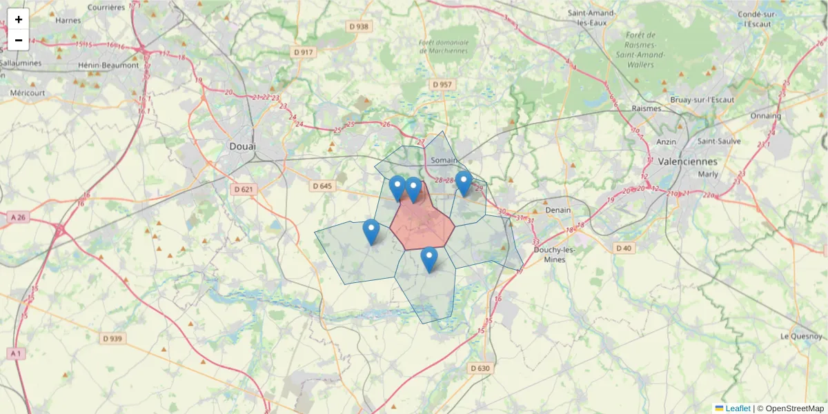 Carte de la zone du code postal  et des codes postaux voisins en France