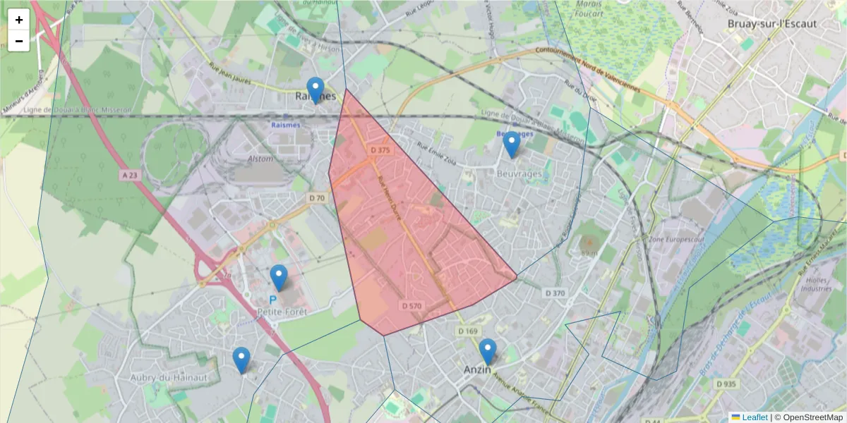 Carte de la zone du code postal  et des codes postaux voisins en France
