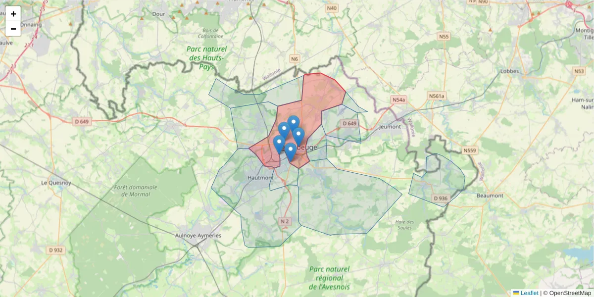 Carte de la zone du code postal  et des codes postaux voisins en France