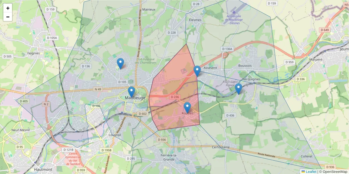 Carte de la zone du code postal  et des codes postaux voisins en France