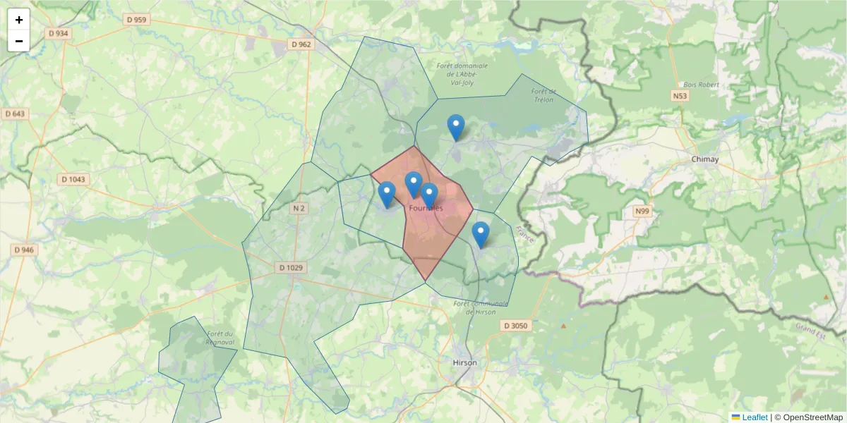 Carte de la zone du code postal  et des codes postaux voisins en France