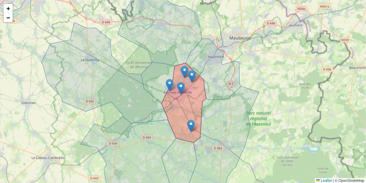 Carte de la zone du code postal  et des codes postaux voisins en France