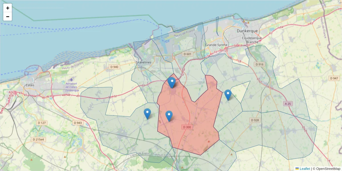 Carte de la zone du code postal  et des codes postaux voisins en France