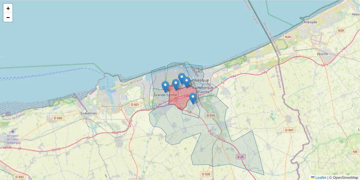 Carte de la zone du code postal  et des codes postaux voisins en France