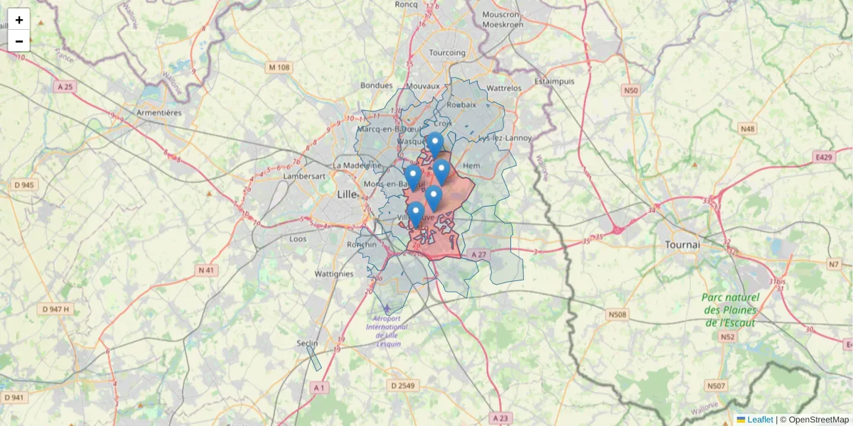 Carte de la zone du code postal  et des codes postaux voisins en France