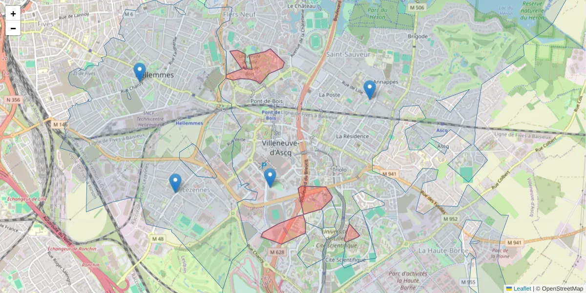 Carte de la zone du code postal  et des codes postaux voisins en France