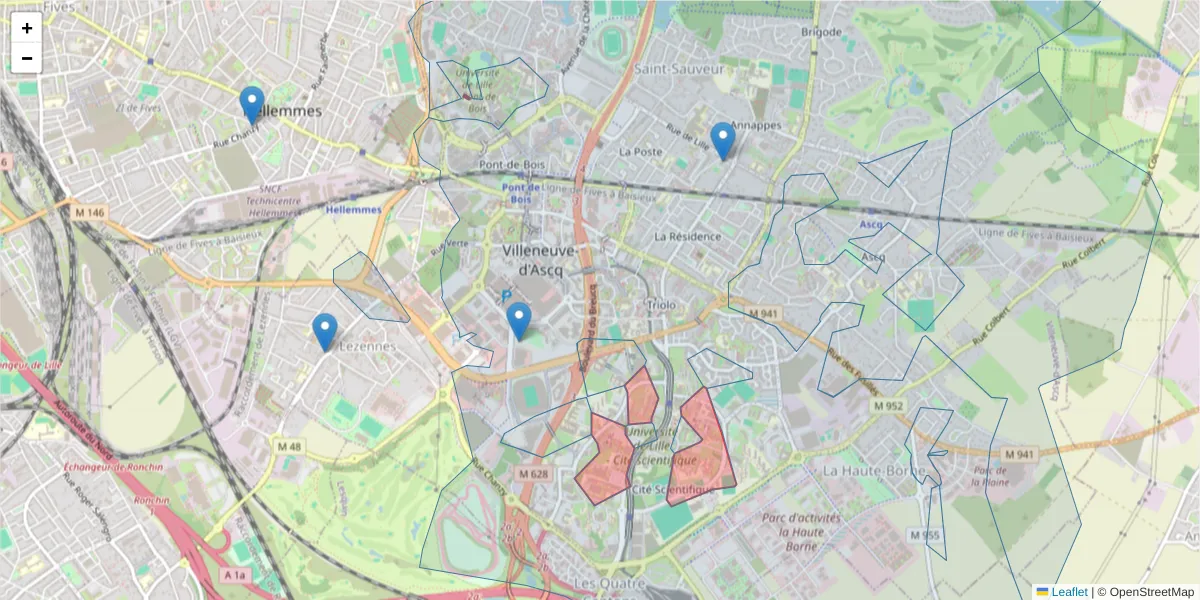 Carte de la zone du code postal  et des codes postaux voisins en France
