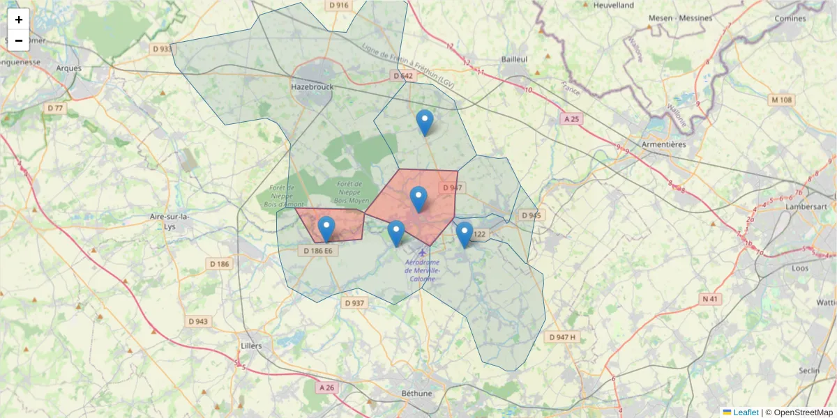 Carte de la zone du code postal  et des codes postaux voisins en France