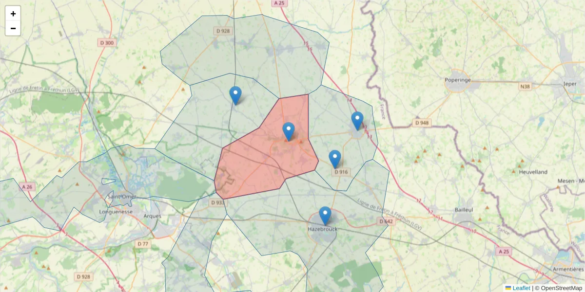 Carte de la zone du code postal  et des codes postaux voisins en France