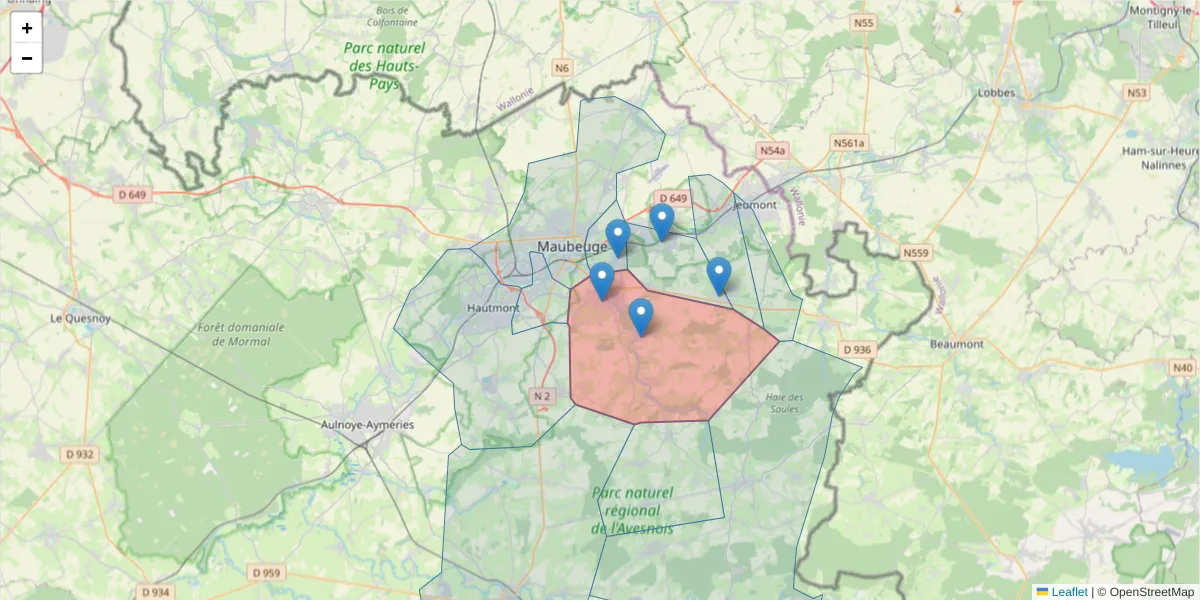 Carte de la zone du code postal  et des codes postaux voisins en France