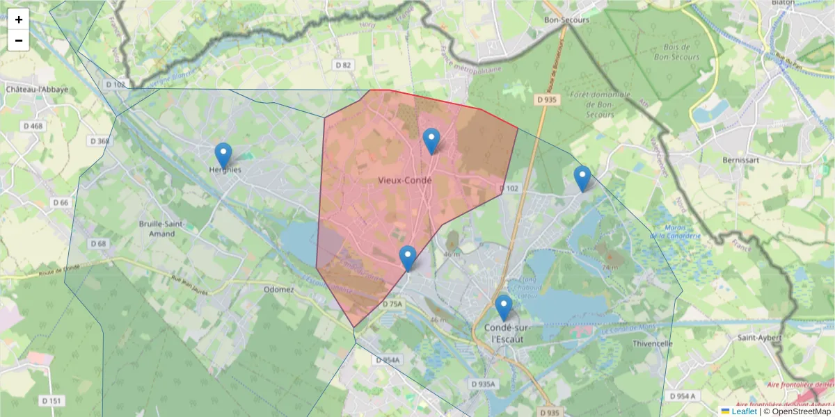 Carte de la zone du code postal  et des codes postaux voisins en France