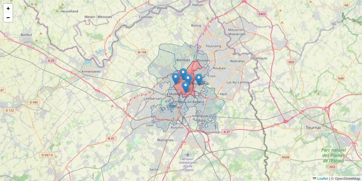 Carte de la zone du code postal  et des codes postaux voisins en France