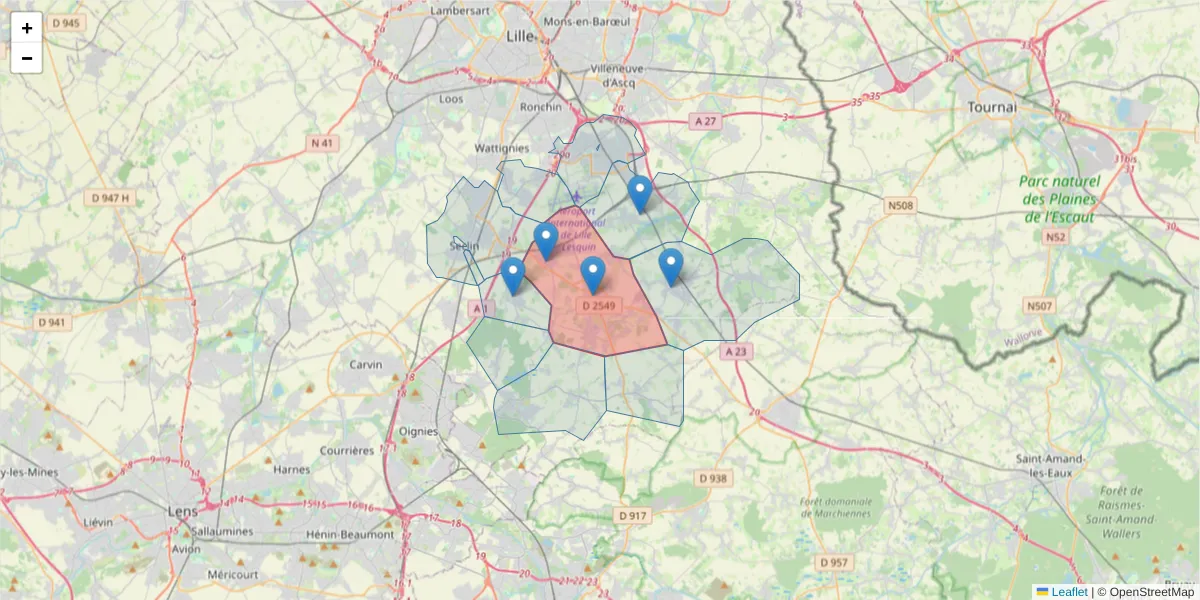 Carte de la zone du code postal  et des codes postaux voisins en France