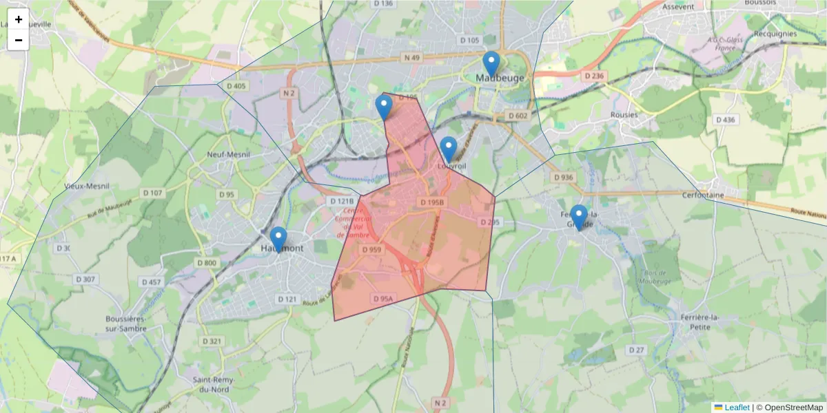 Carte de la zone du code postal  et des codes postaux voisins en France