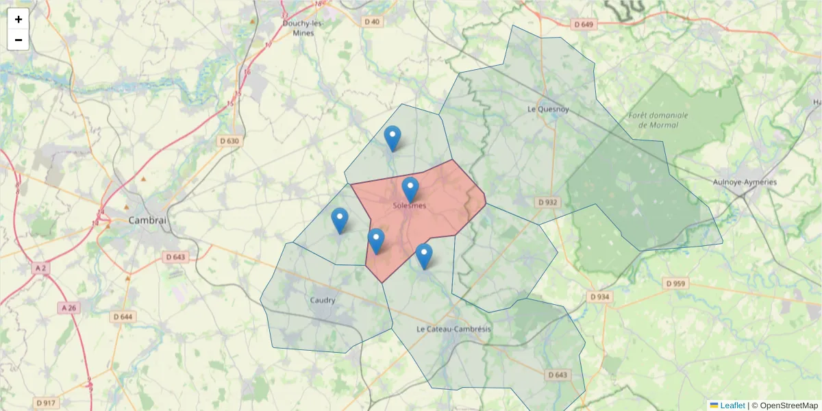 Carte de la zone du code postal  et des codes postaux voisins en France