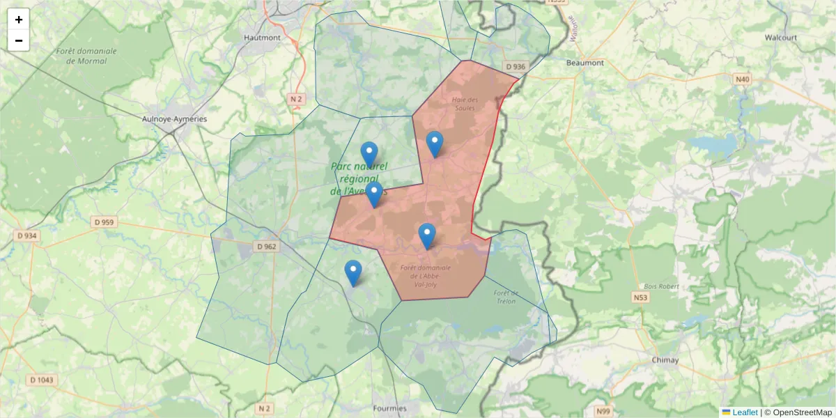 Carte de la zone du code postal  et des codes postaux voisins en France