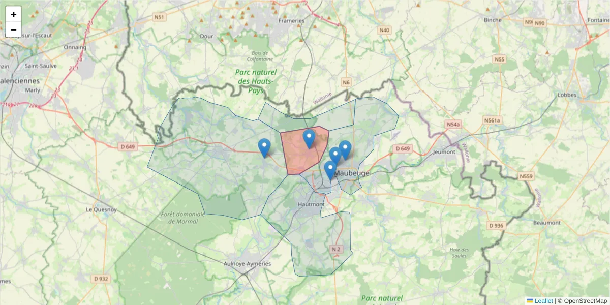 Carte de la zone du code postal  et des codes postaux voisins en France