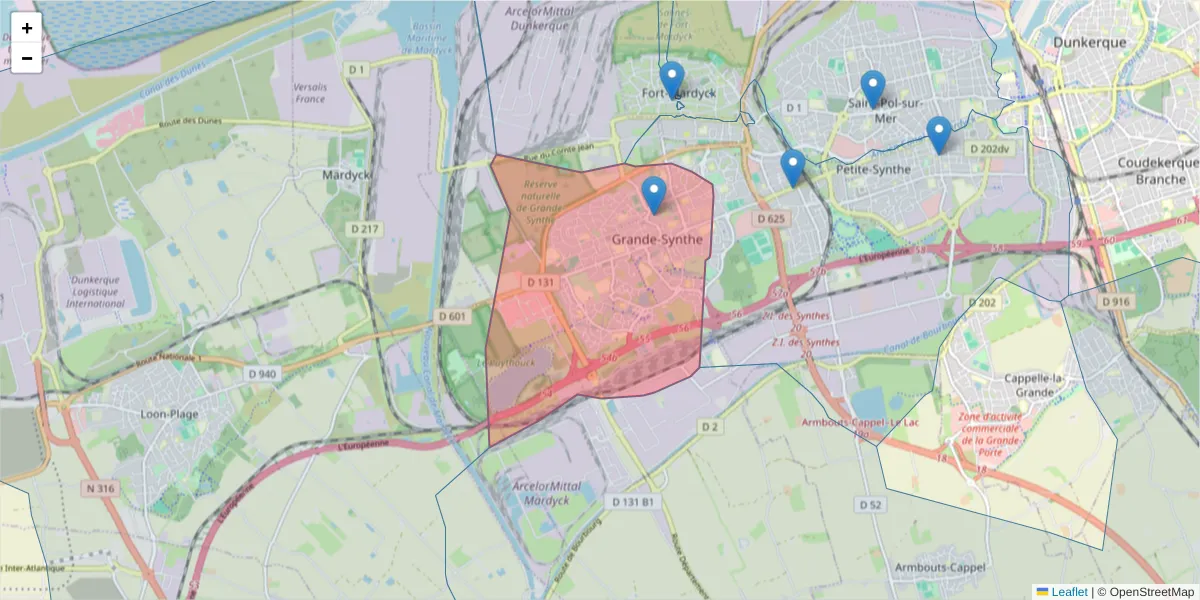 Carte de la zone du code postal  et des codes postaux voisins en France
