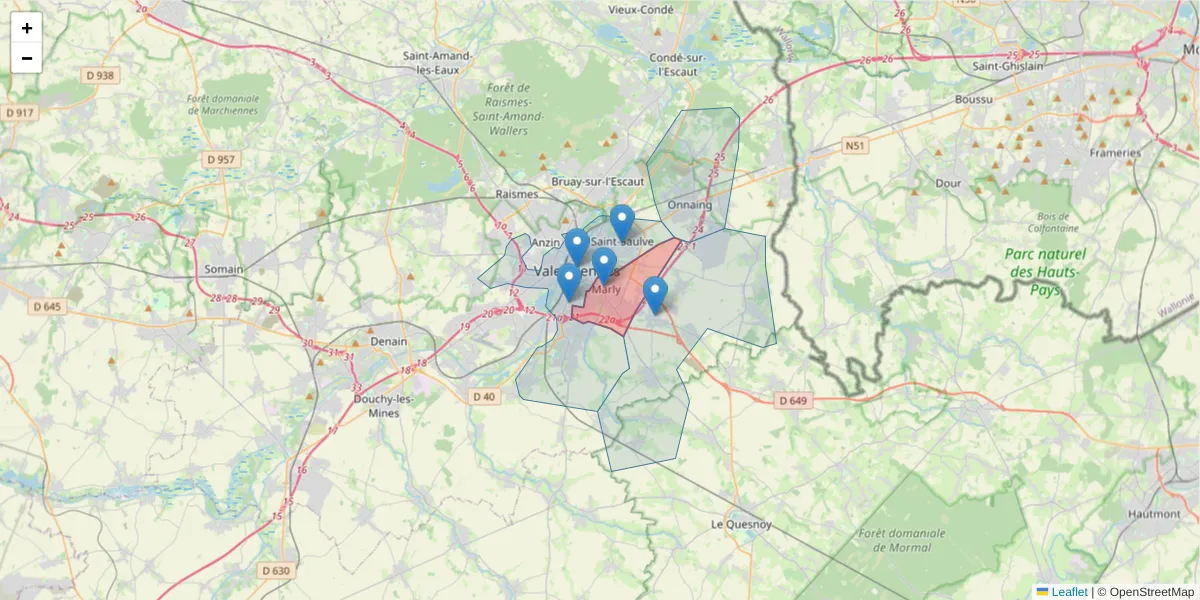 Carte de la zone du code postal  et des codes postaux voisins en France